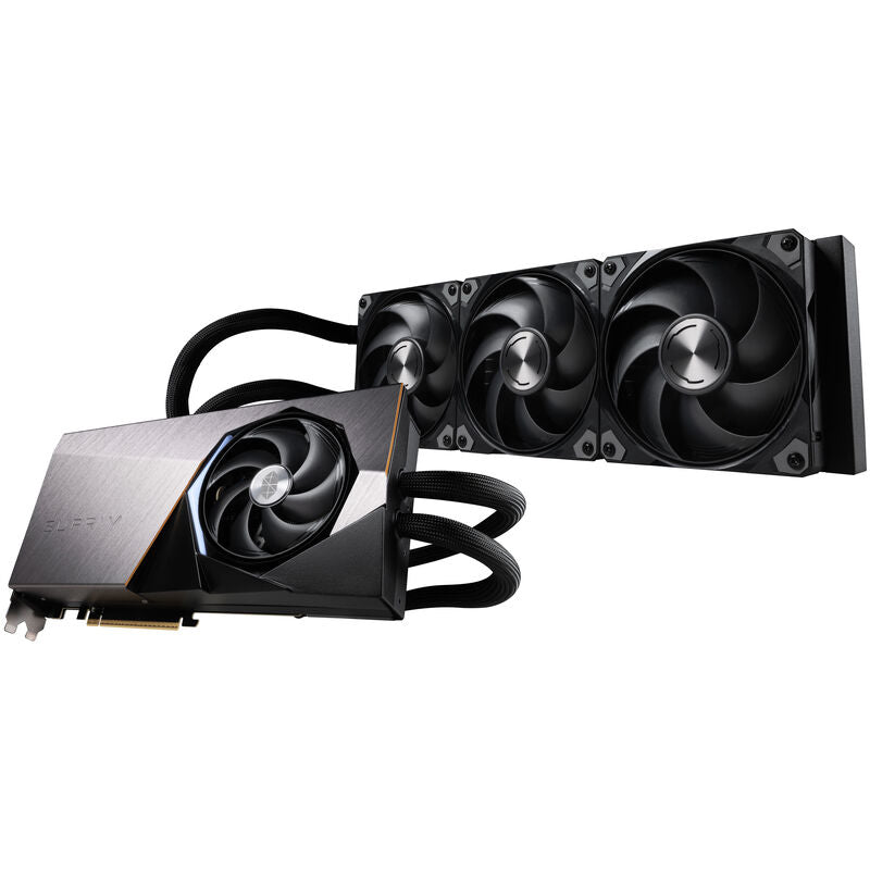 Nærbilde av MSI GeForce RTX 5090 Suprim Liquid SOC grafikkort RGB-belysning