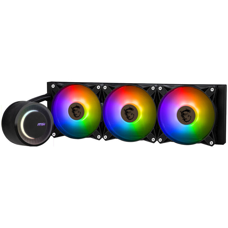 MSI MAG Coreliquid E360 AIO vannkjøling 360 mm RGB nærbilde av pumpe