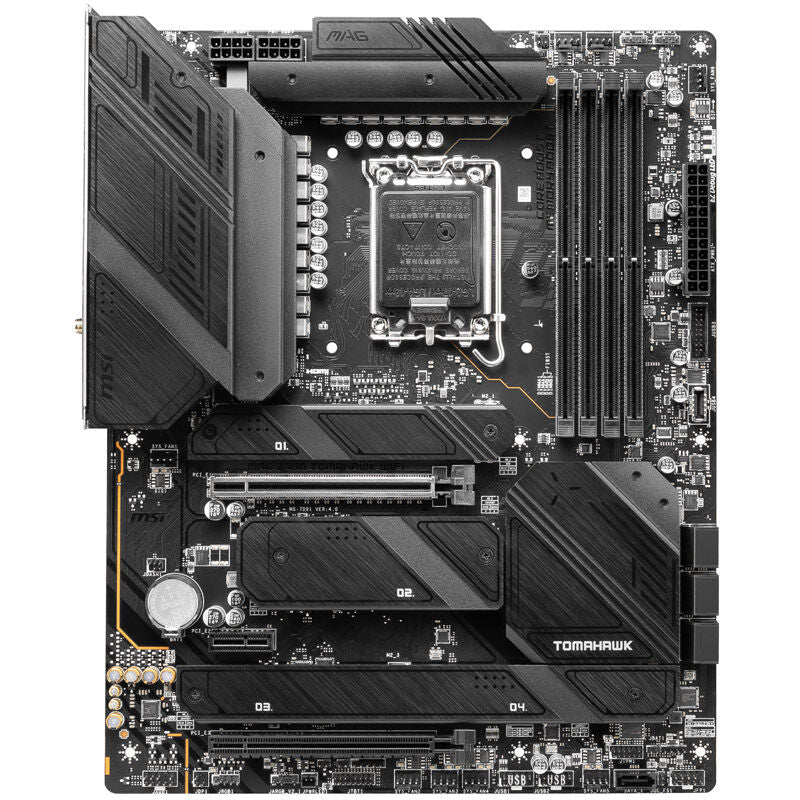 Detalj av MSI MAG Z790 Tomahawk WiFi hovedkort RGB-belysning