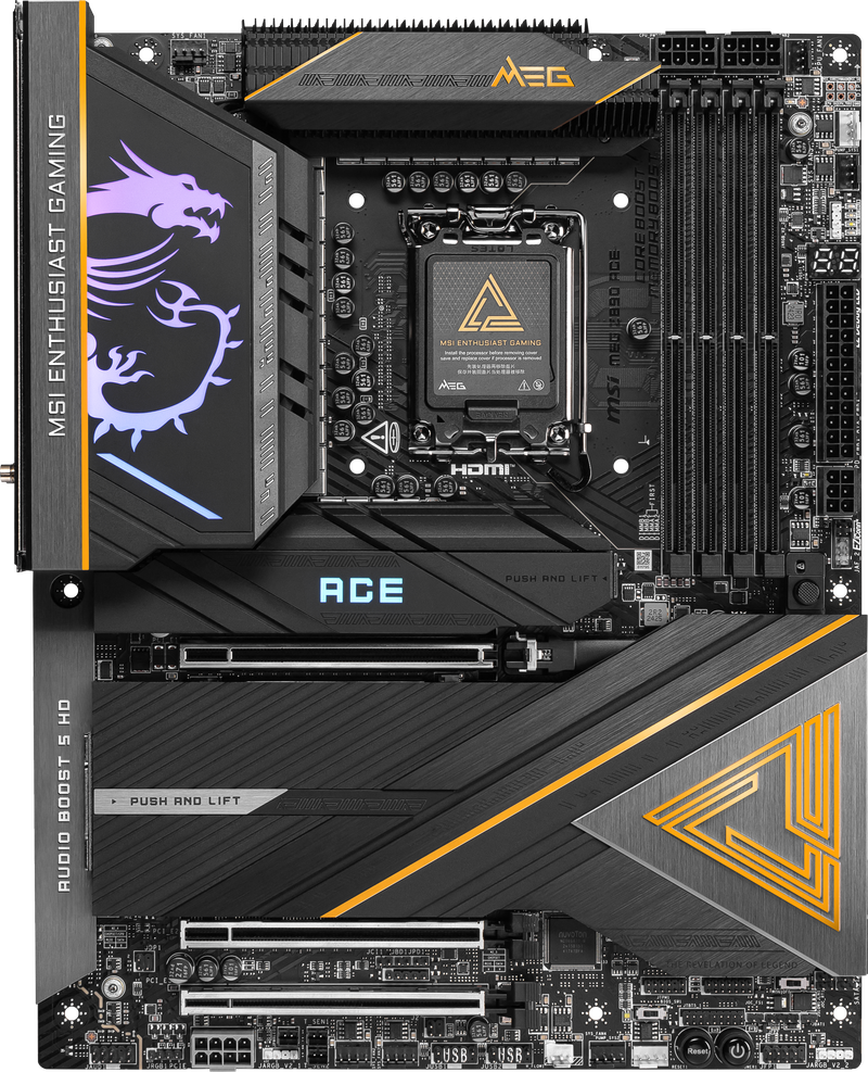 Detalj av MSI MEG Z890 ACE hovedkortets PCIe-spor