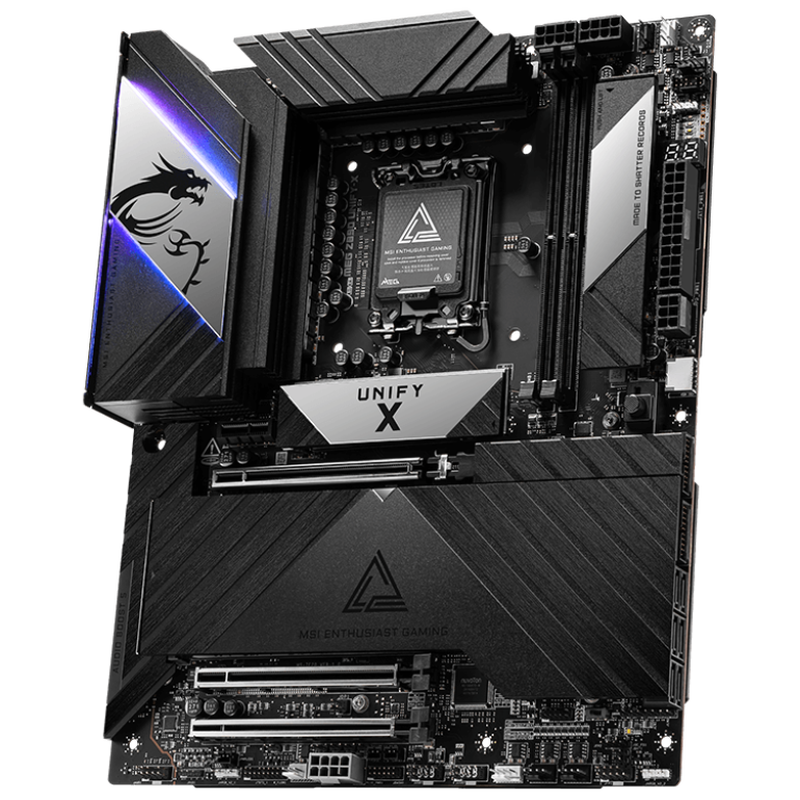 Nærbilde av MSI MEG Z890 Unify-X hovedkort komponenter