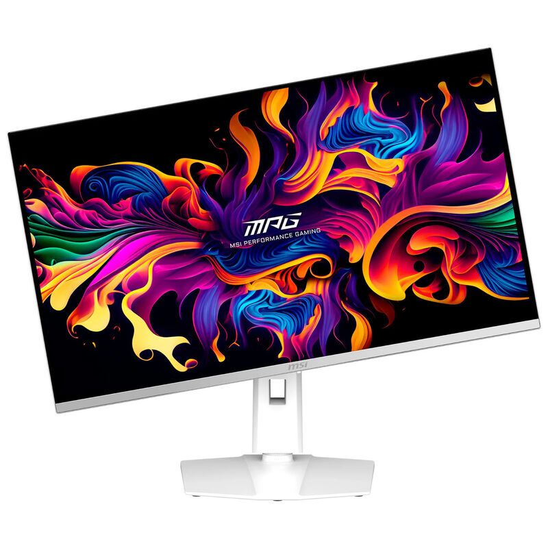 MSI MPG 321URXWDE 31,5" gamingskjerm 240 Hz montert på skrivebord