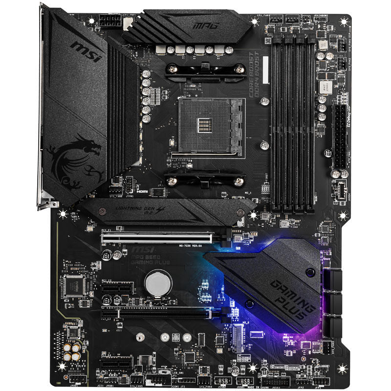 Detaljbilde av MSI MPG B550 Gaming Plus hovedkort med synlige PCIe-porter