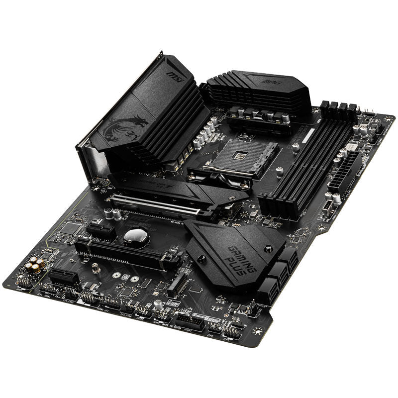 Nærbilde av MSI MPG B550 Gaming Plus hovedkort RGB-belysning