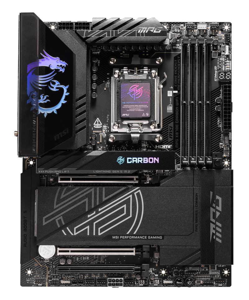 Baksiden av MSI MPG X870E Carbon WiFi hovedkort