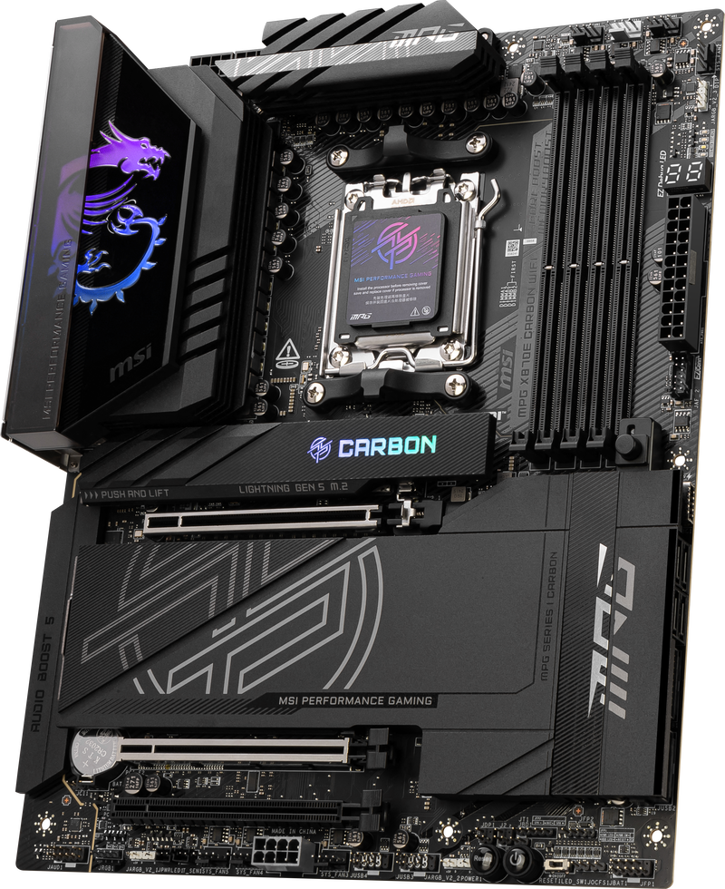Detalj av PCIe-spor på MSI MPG X870E Carbon WiFi hovedkort