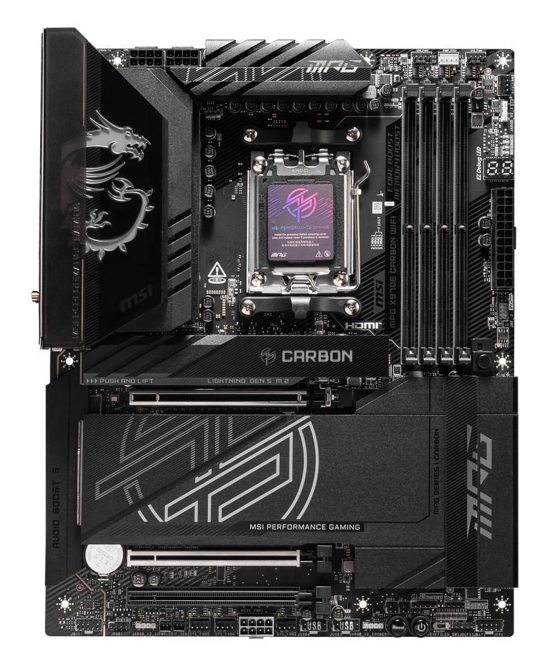 Nærbilde av RAM-spor på MSI MPG X870E Carbon WiFi hovedkort
