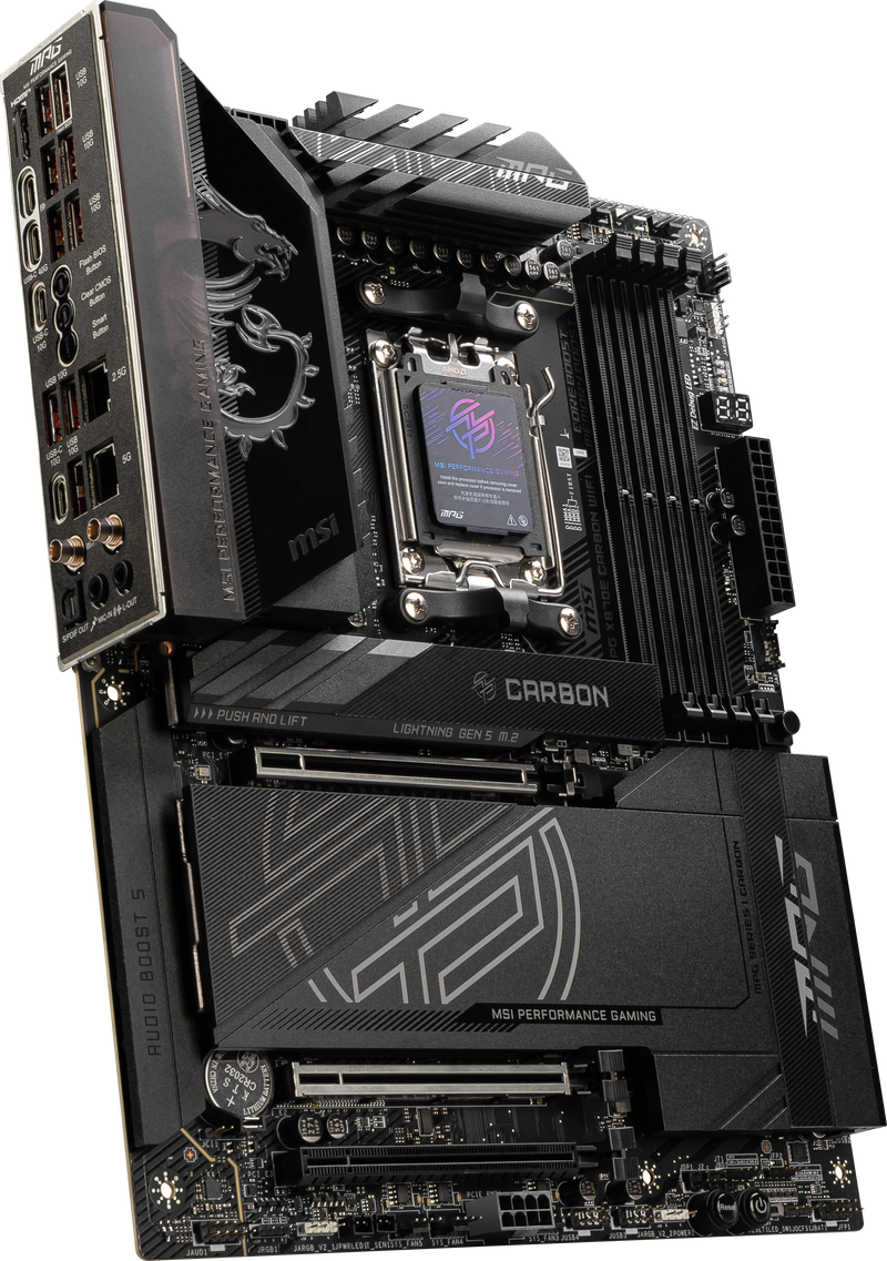 Oversikt over tilkoblinger på MSI MPG X870E Carbon WiFi hovedkort