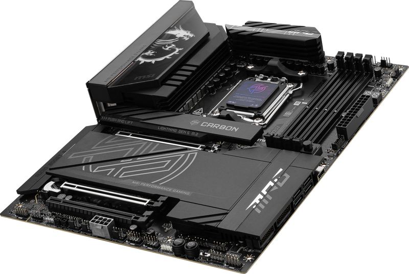 Detalj av M.2 spor på MSI MPG X870E Carbon WiFi hovedkort
