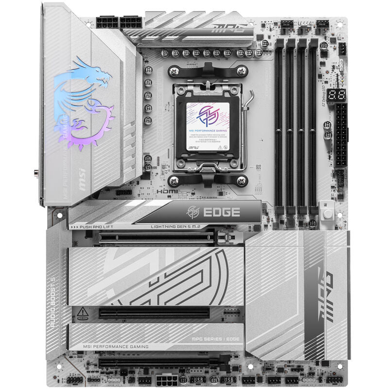 Detaljbilde av PCIe- og minnespor på MSI MPG X870E Edge TI WiFi hovedkort