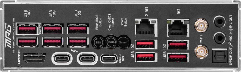 Oversikt over MSI MPG Z890 Carbon WIFI hovedkortets I/O-panel