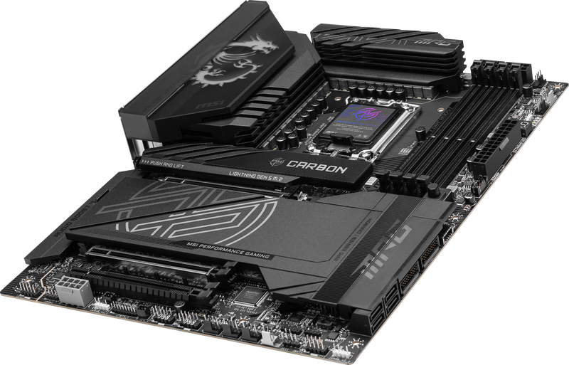 Nærbilde av MSI MPG Z890 Carbon WIFI hovedkortets minnespor