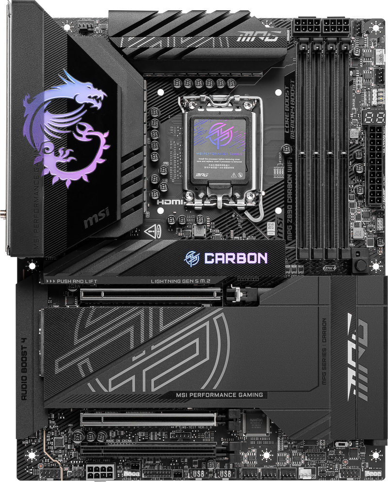 Detalj av MSI MPG Z890 Carbon WIFI hovedkortets PCIe-spor
