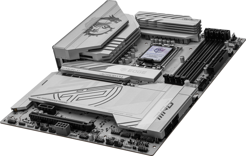 Nærbilde av MSI MPG Z890 Edge TI WIFI hovedkort minnespor