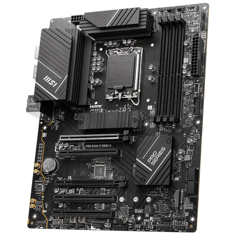 Nærbilde av tilkoblingsporter på MSI Pro B760-P DDR4 II hovedkort