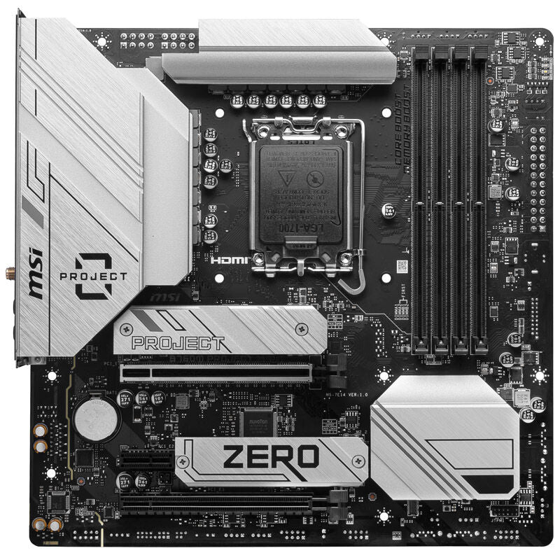 Detalj av MSI Pro B760M Project Zero hovedkort Micro-ATX