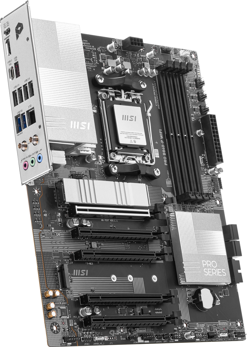 Detalj av MSI PRO B840-P WiFi hovedkort med RAM-spor