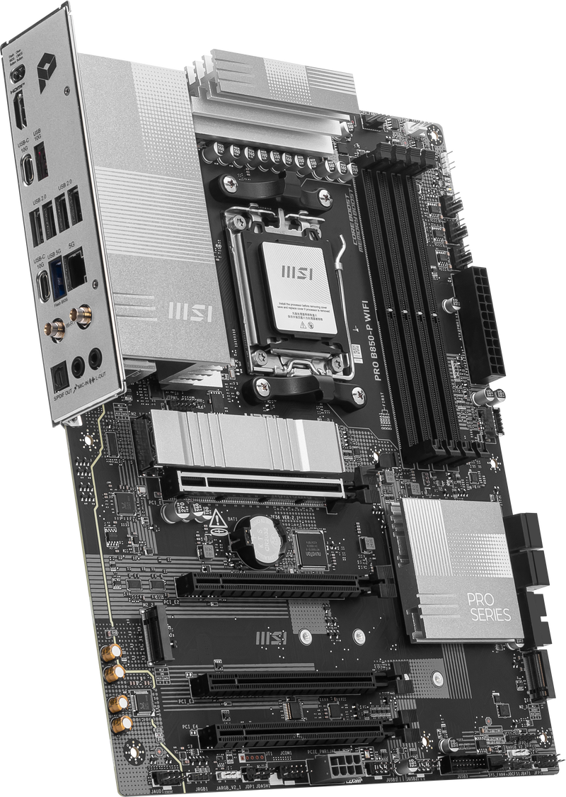 Montert MSI PRO B850-P WiFi hovedkort i PC-kabinett