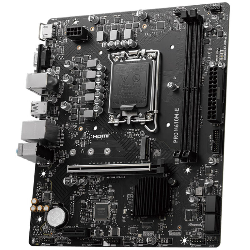 Nærbilde av MSI Pro H610M-E hovedkort tilkoblinger