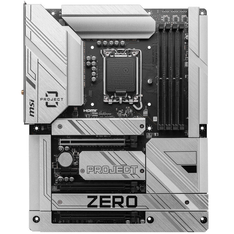 Detalj av MSI Z790 Project Zero hovedkort med CPU-sokkel
