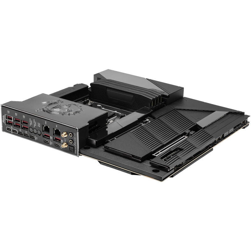 Oversikt over MSI MEG X870E Godlike hovedkort med RAM installert