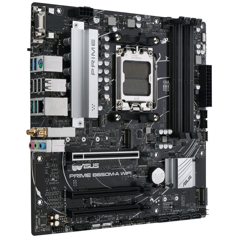 Nærbilde av ASUS Prime B650M-A WiFi hovedkort komponenter