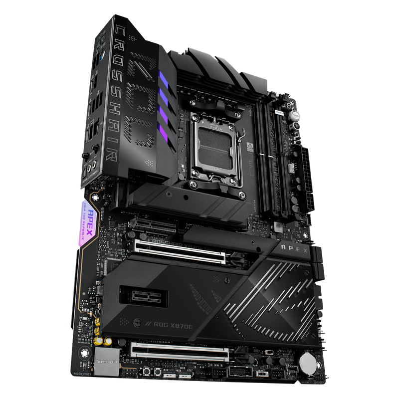 Nærbilde av ASUS ROG Crosshair X870E APEX hovedkort tilkoblinger