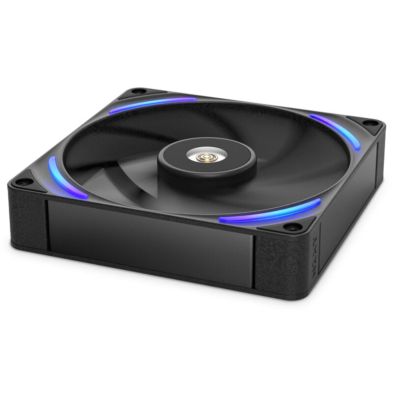 Nærbilde av RGB LED-lys på NZXT F140X kabinettvifte