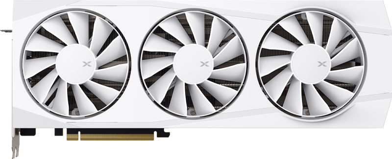 Nærbilde av XFX Quicksilver RX 9070 XT White grafikkort kjølesystem