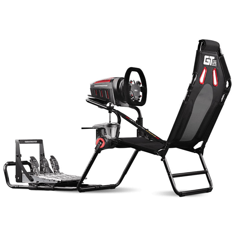 Next Level Racing GT LITE simulatorcockpit sammenleggbart svart montert med racingutstyr