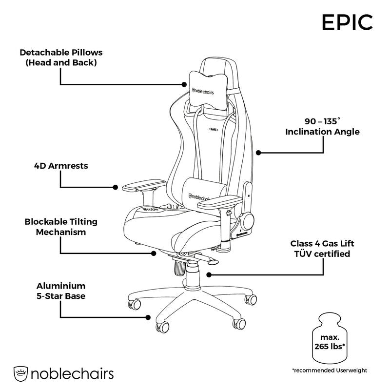 noblechairs EPIC gamingstol ekte skinn svart 4D hjul detalj