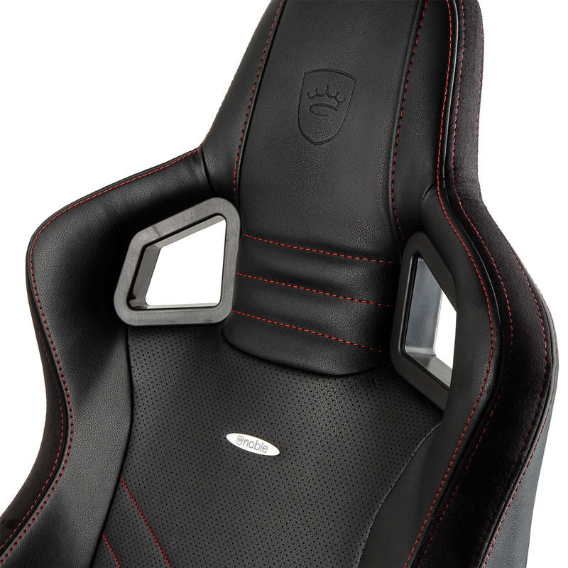 nærbilde av armlene på noblechairs EPIC gamingstol kunstskinn svart/rød