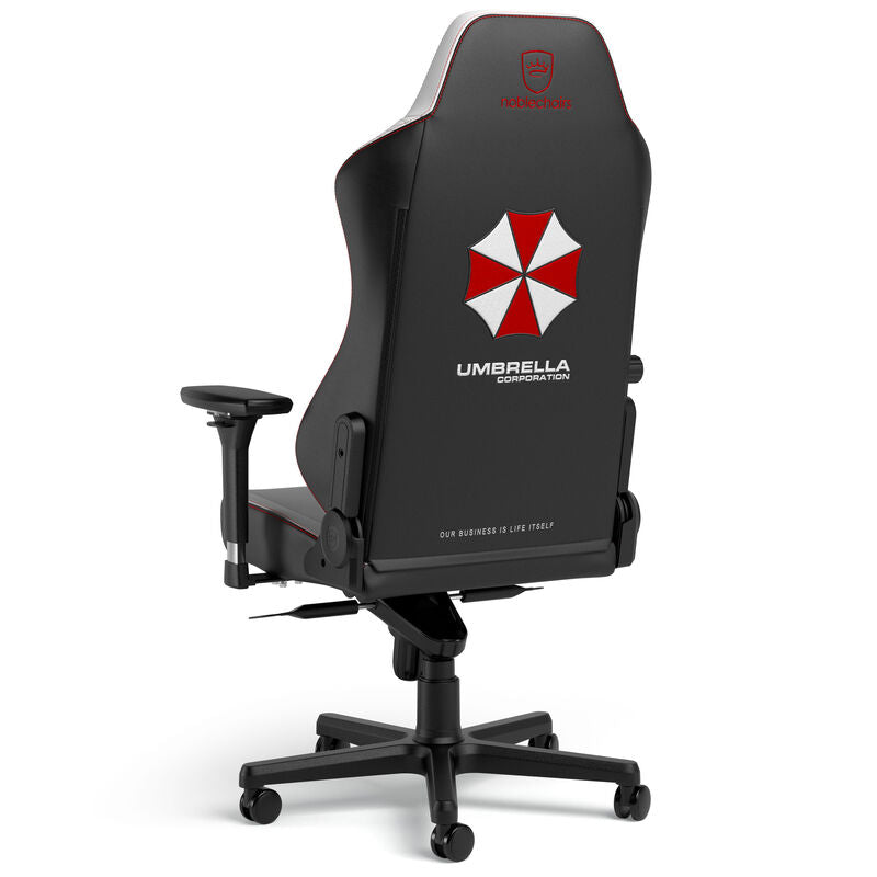 nærbilde av stolens logo noblechairs HERO Resident Evil Umbrella Edition