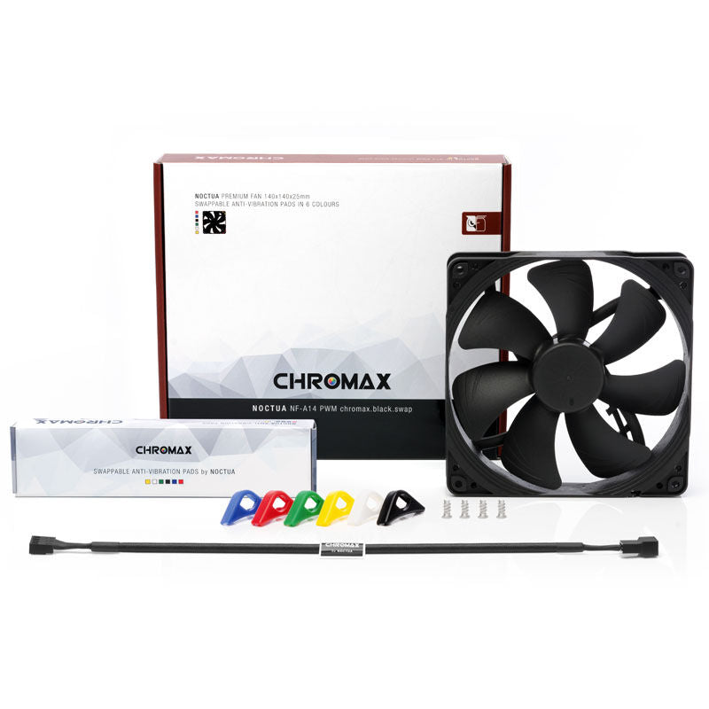Nærbilde av blader på Noctua NF-A14 PWM chromax.black.swap vifte 140 mm