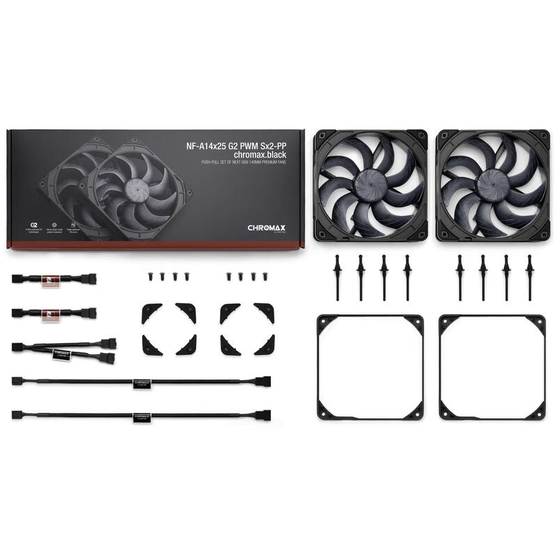 Pakkens innhold med to Noctua NF-A14x25 G2 PWM chromax.black vifter
