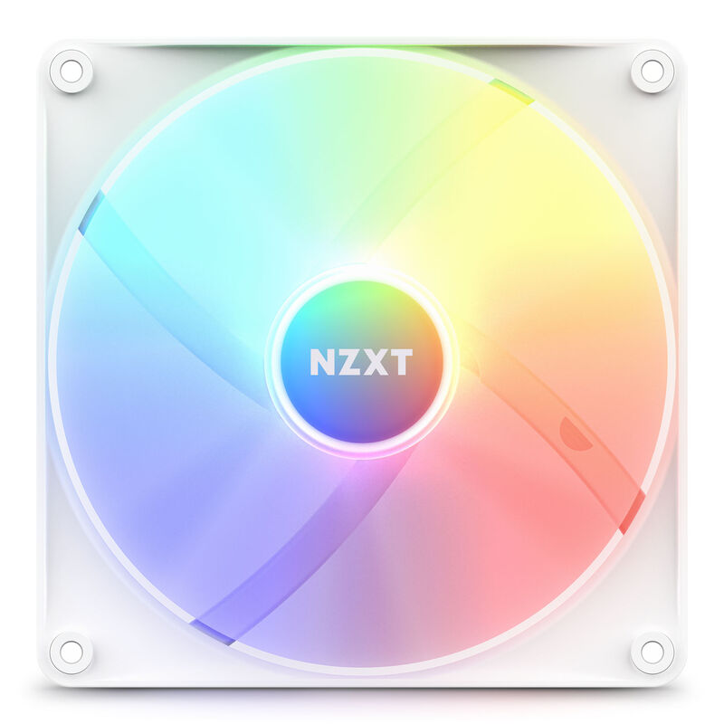 Nærbilde av RGB-lys på NZXT F140 RGB Core PWM vifte 140 mm hvit ARGB