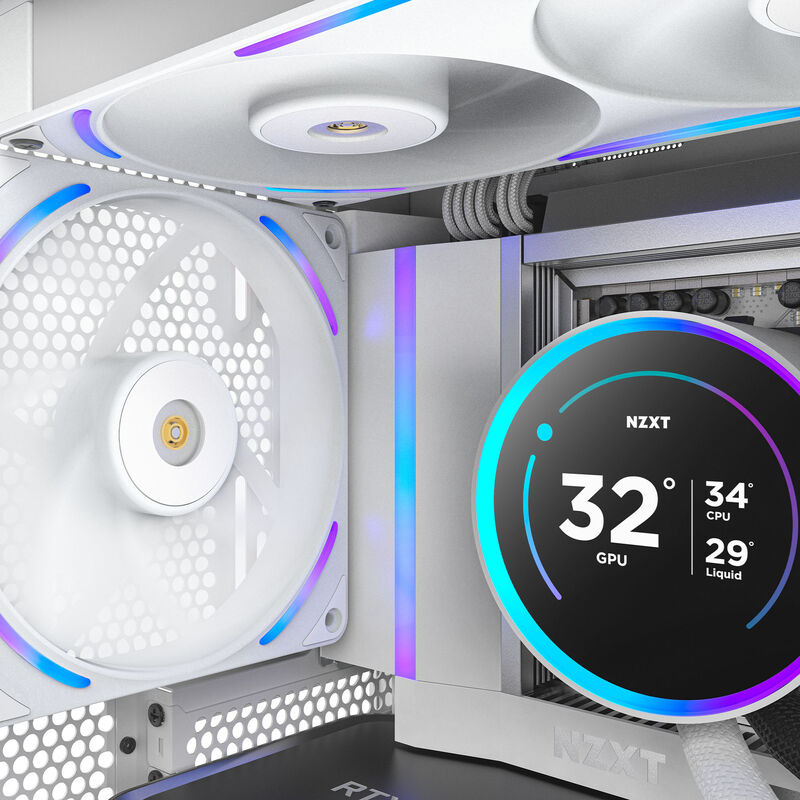 NZXT F140X RGB kabinettsvifte 140 mm PWM ARGB hvit ledningsdetalj