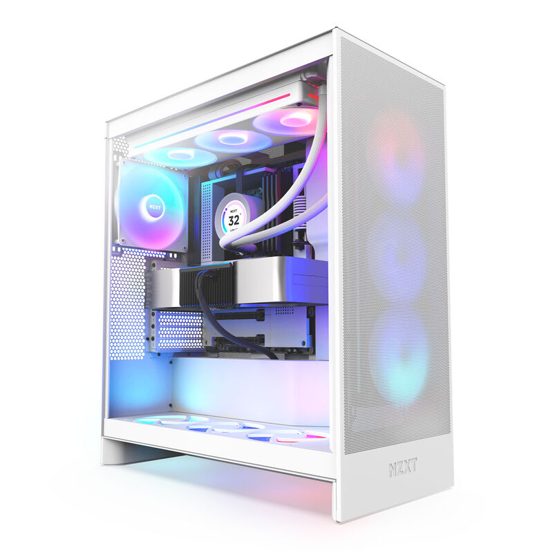 Bakside av NZXT H7 Flow RGB kabinett midtårn E-ATX herdet glass hvit