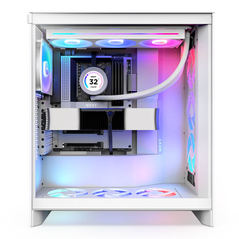 Nærbilde av mesh-panel på NZXT H7 Flow RGB kabinett midtårn E-ATX herdet glass hvit
