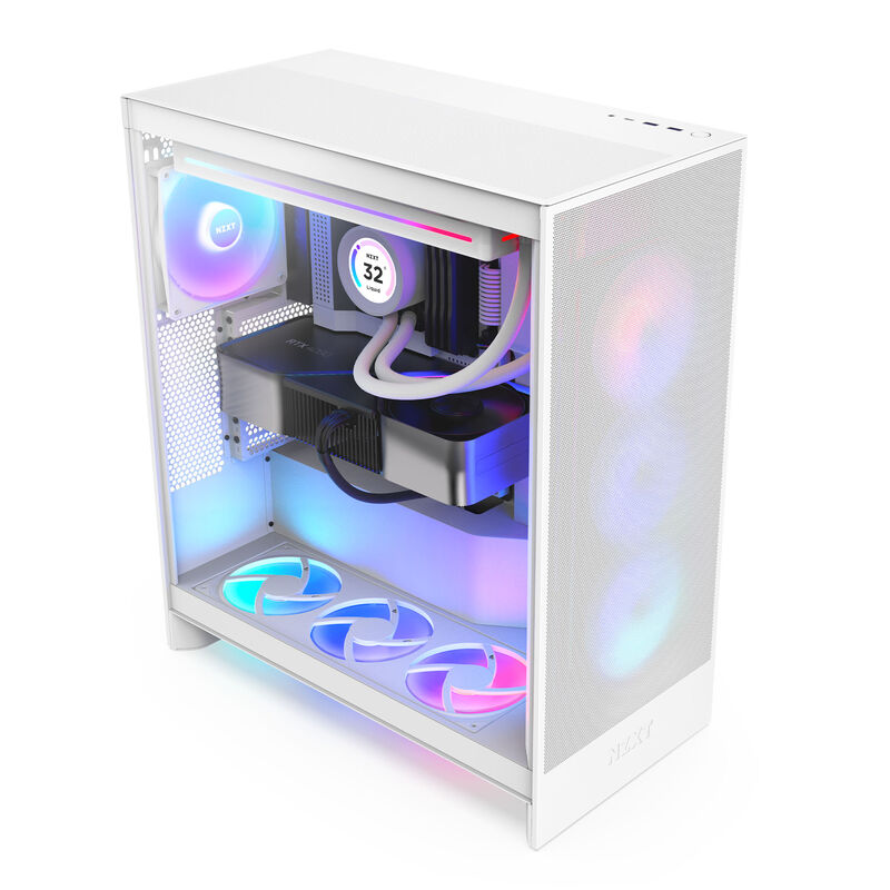 Montert komponenter i NZXT H7 Flow RGB kabinett midtårn E-ATX herdet glass hvit