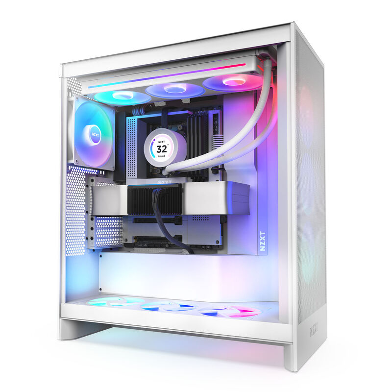 Detaljbilde av RGB-belysning i NZXT H7 Flow RGB kabinett midtårn E-ATX herdet glass hvit