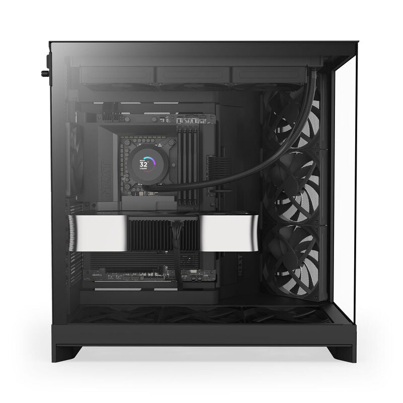 Detalj av NZXT H9 Flow kabinett midtårn E-ATX herdet glass svart glasspanel