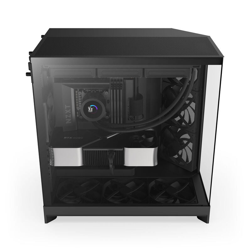 NZXT H9 Flow kabinett midtårn E-ATX herdet glass svart montert med komponenter