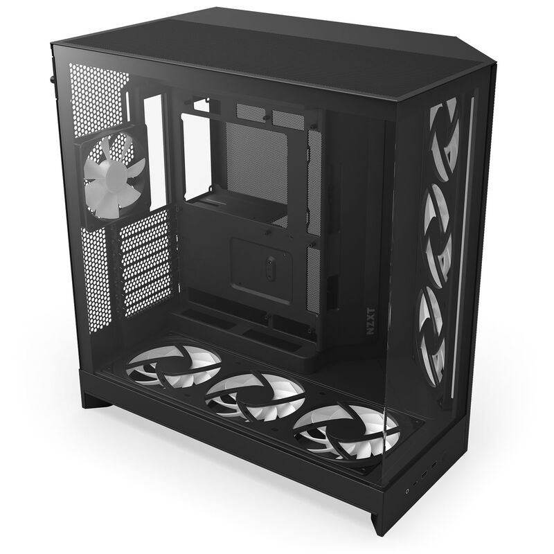 Nærbilde av herdet glasspanel på NZXT H9 Flow RGB+ kabinett midtårn E-ATX herdet glass svart