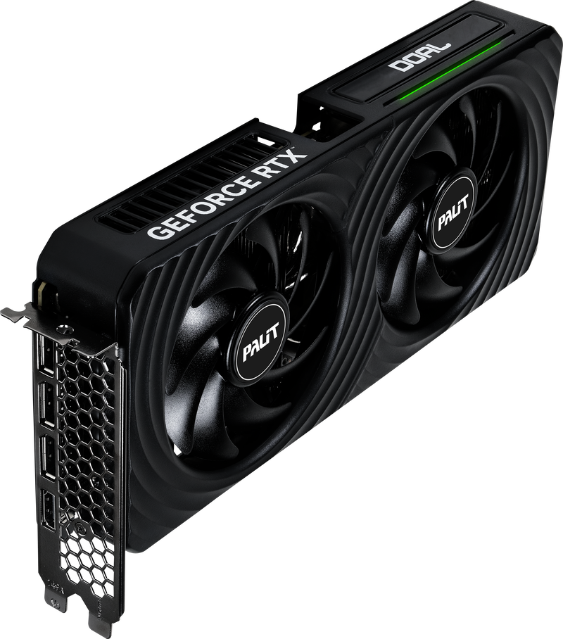 Nærbilde av Palit GeForce RTX 5060 Ti Dual grafikkort RGB-lys