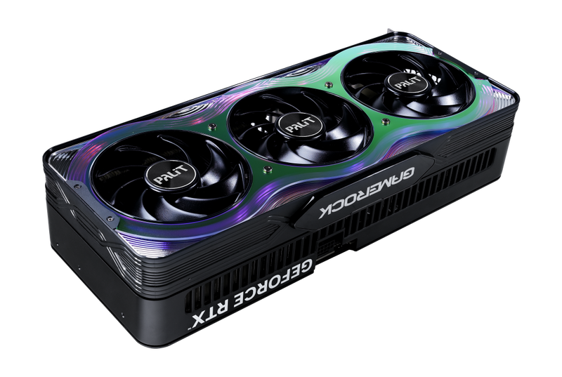 Detalj av Palit GeForce RTX 5090 GameRock grafikkort RGB-belysning
