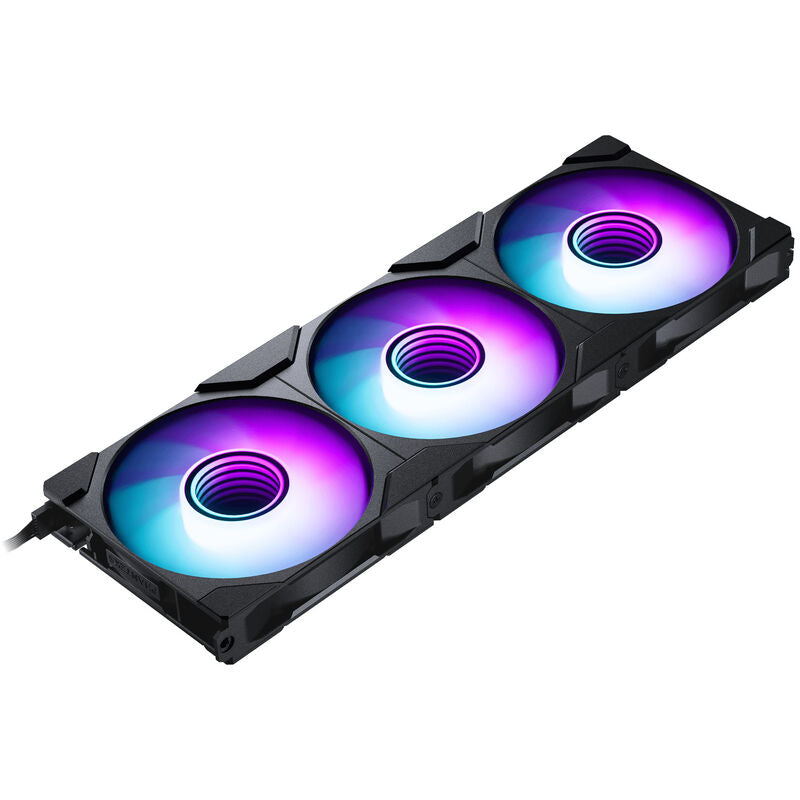 Nærbilde av RGB-belysningen på PHANTEKS M25 Gen2 PWM D-RGB vifte Reverse Blade 140 mm svart