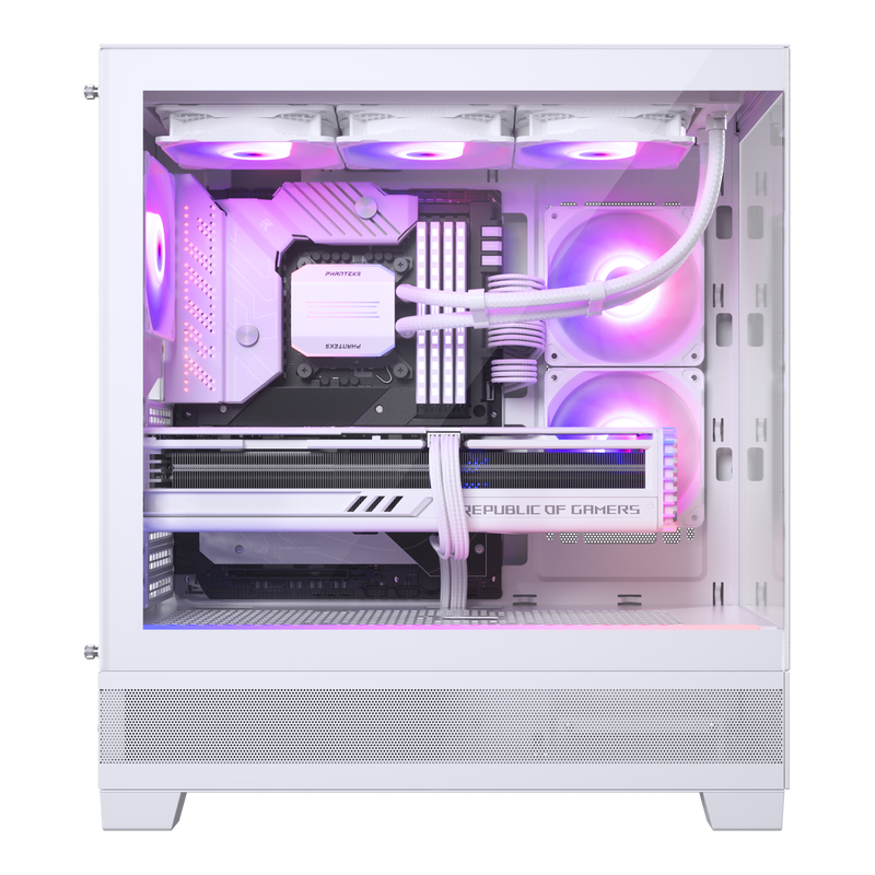 Phanteks XT View kabinett midtårn D-RGB herdet glass hvit montert med komponenter