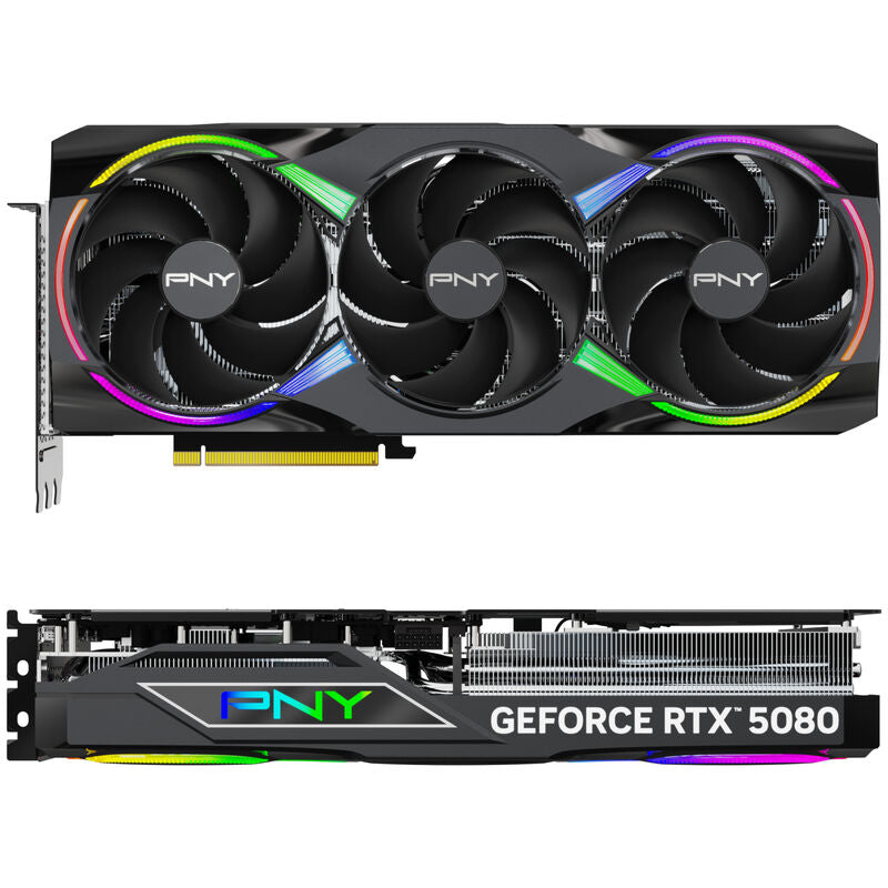 Detalj av PNY GeForce RTX 5080 Epic-X OC RGB grafikkort vifte