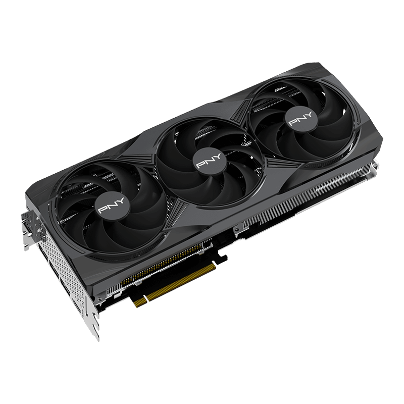 Detalj av PNY GeForce RTX 5080 Triple Fan grafikkort vifter